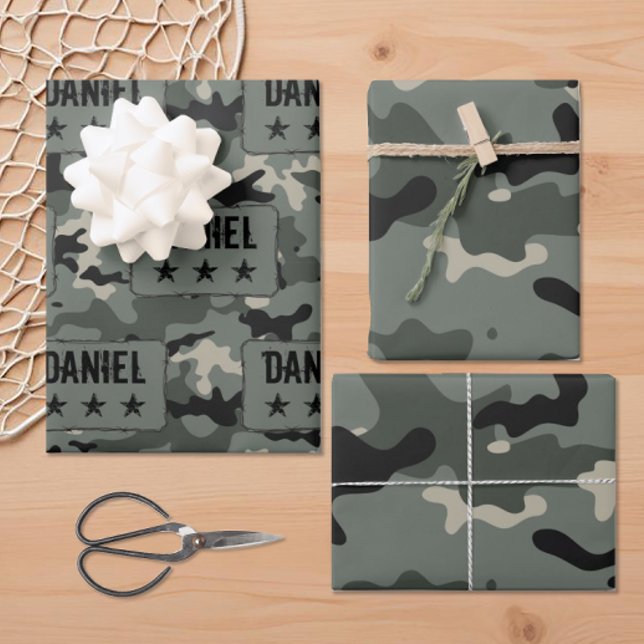 Green and Black Camouflage Print with Name Wrapping Paper Sheet (Personalized name camouflage gift wrapping paper.)