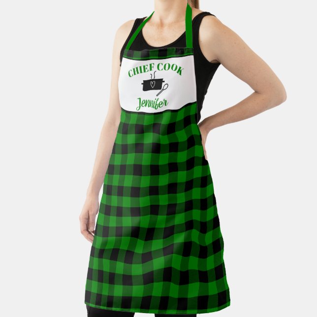 Green and Black Cook Buffalo Plaid Pattern Apron (Insitu)