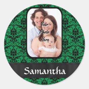 Green and black damask classic round sticker