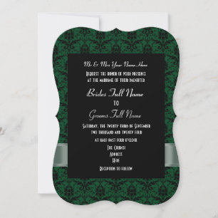 Green and black damask formal wedding invitation