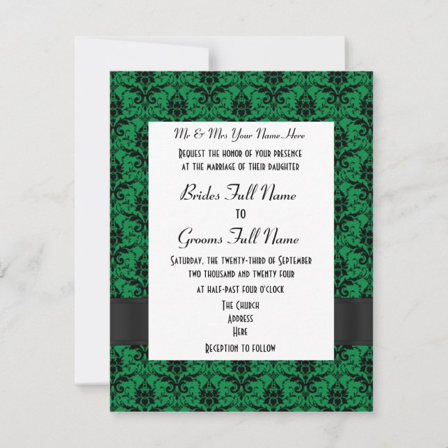 Green and black damask formal wedding invitation (Front)