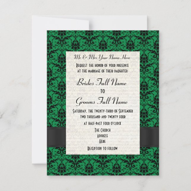 Green and black damask formal wedding invitation (Front)