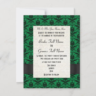Green and black damask formal wedding invitation