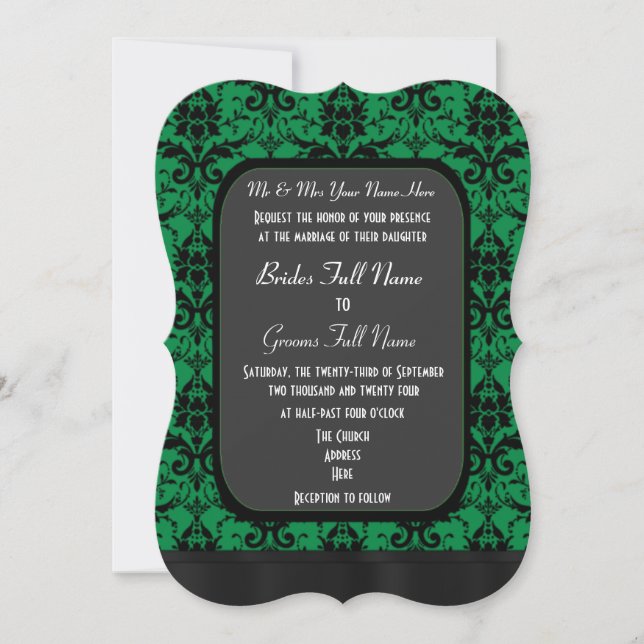 Green and black damask wedding invitation (Front)