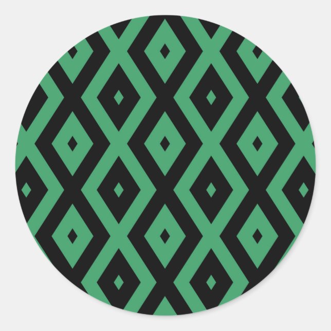 Green and black diamond pattern classic round sticker (Front)