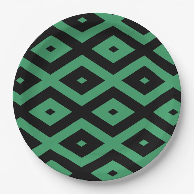 Green and black diamond pattern paper plate (Front)