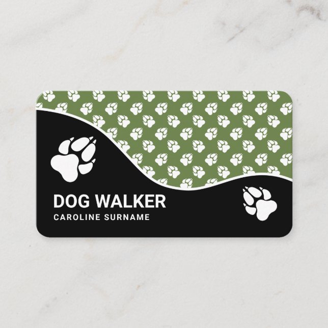 Green And Black Dog Paw Pattern - Dog Services Business Card (Front)