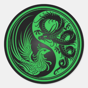 Green and Black Dragon Phoenix Yin Yang Classic Round Sticker