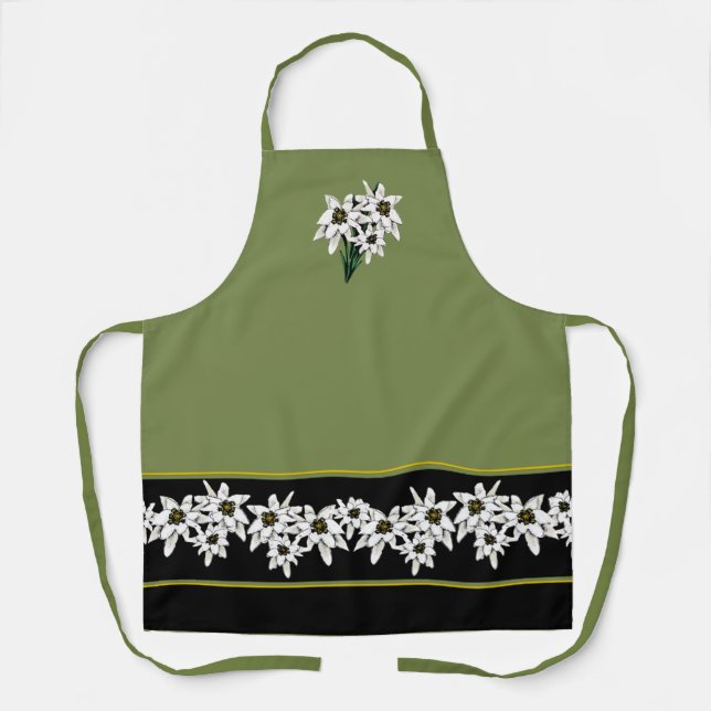 Green and Black Edelweiss Flowers Adult Apron (Front)