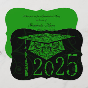 Green and Black Floral Cap 2025 Graduation Party Invitation