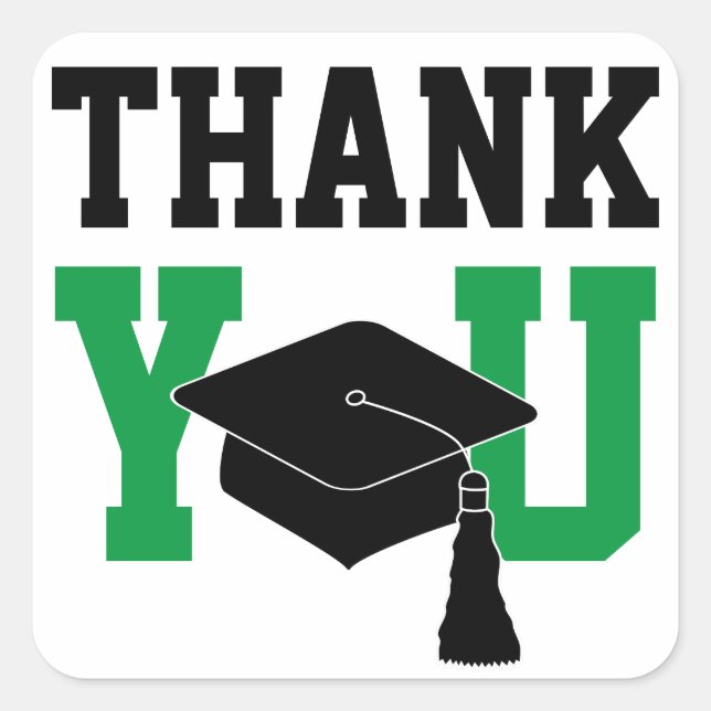Green and Black Graduation Thank You Square Sticker (Front)