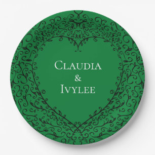Green and Black Heart Gothic Wedding Elegant Paper Plate