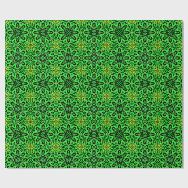 Green and black Kaleidoscope Fractal Pattern Wrapping Paper (Flat)