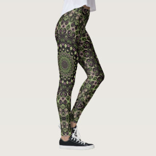 Green and Black Kaleidoscope Mandala Pattern Leggings