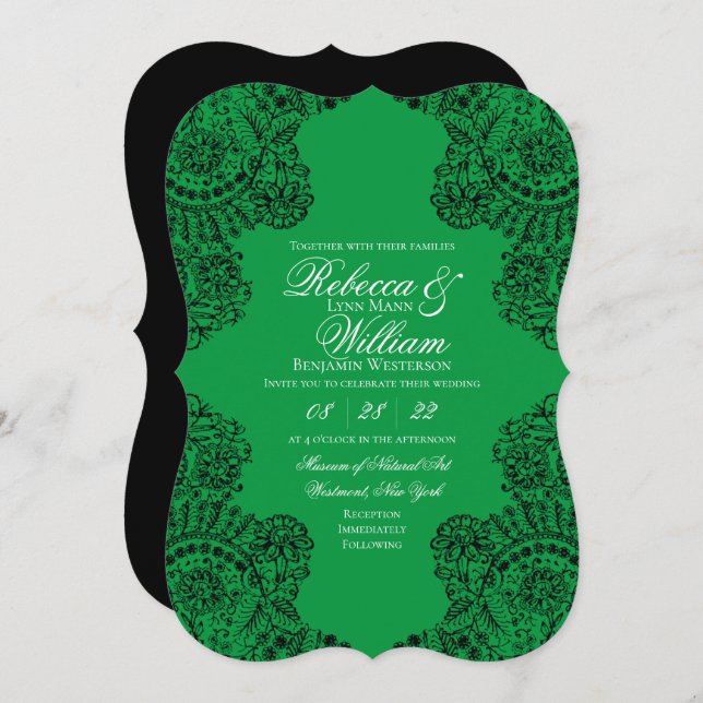 Green and Black Lace Elegant Gothic Wedding Invitation (Front/Back)