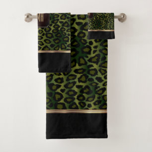 Green and Black Leopard Pattern with Monogram Bath Towel Set