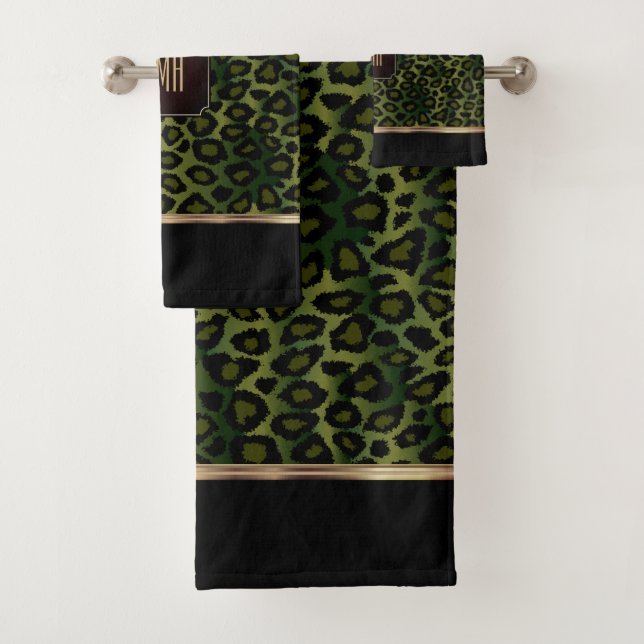Green and Black Leopard Pattern with Monogram Bath Towel Set (Insitu)