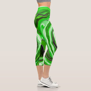 Green and Black Marble like Striped Fluid Art    Capri Leggings