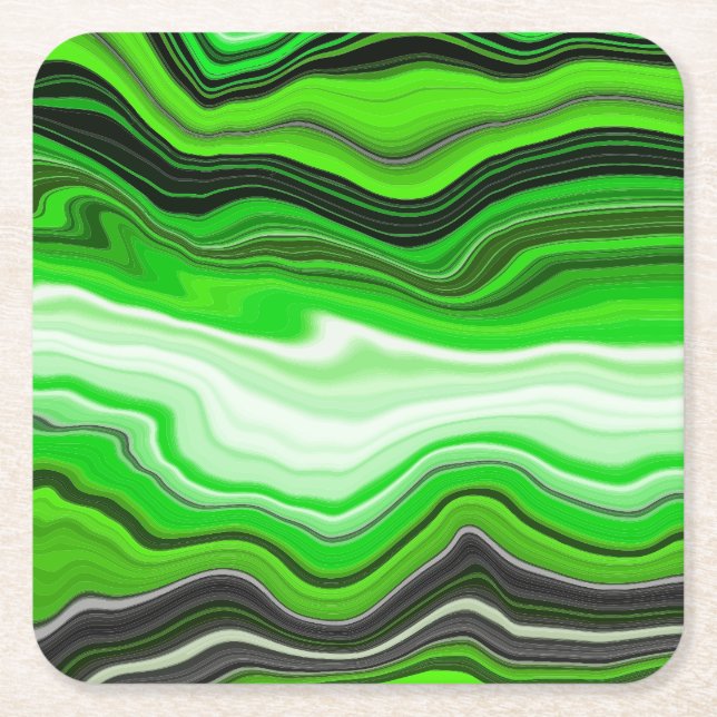 Green and Black Marble like Striped Fluid Art    Square Paper Coaster (Front)