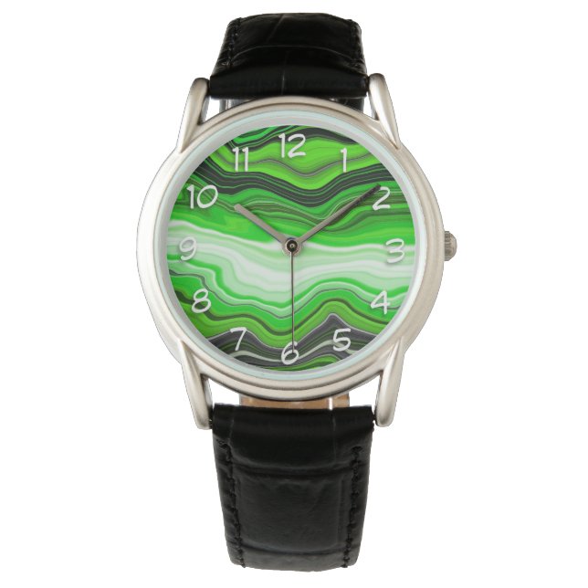 Green and Black Marble like Striped Fluid Art  Watch (Front)