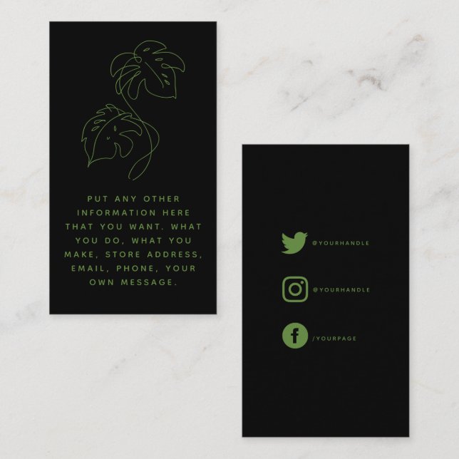 Green and black monstera, social links thank you enclosure card (Front/Back)