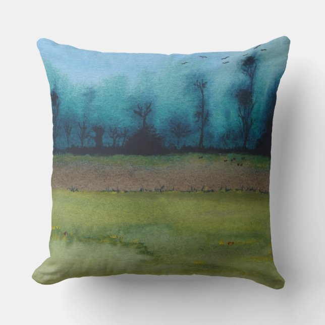 green and black mystic scenic woodland landscape cushion (Front)