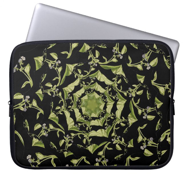 Green and black nature hypnosis fractal laptop sleeve (Front)