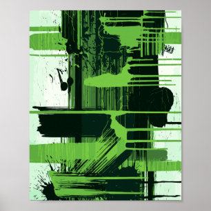 Green and Black Paint Strokes on White Background Poster