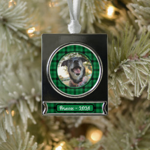 Green and Black Plaid Dog Photo Christmas Silver Plated Banner Ornament