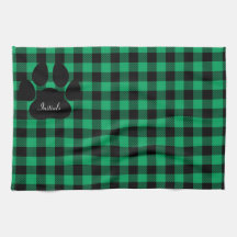 Green And Black Plaid Paw Print Kitchen Towel