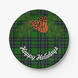 Green and Black plaid - pine cones Paper Plate