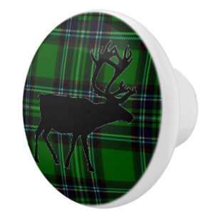 Green and Black Plaid - with Elk detail Ceramic Knob