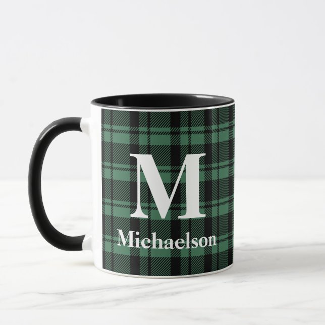 Green and Black Plaid with Monogram Name  Mug (Left)