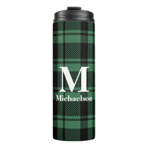 Green and Black Plaid with Monogram Name Thermal Tumbler