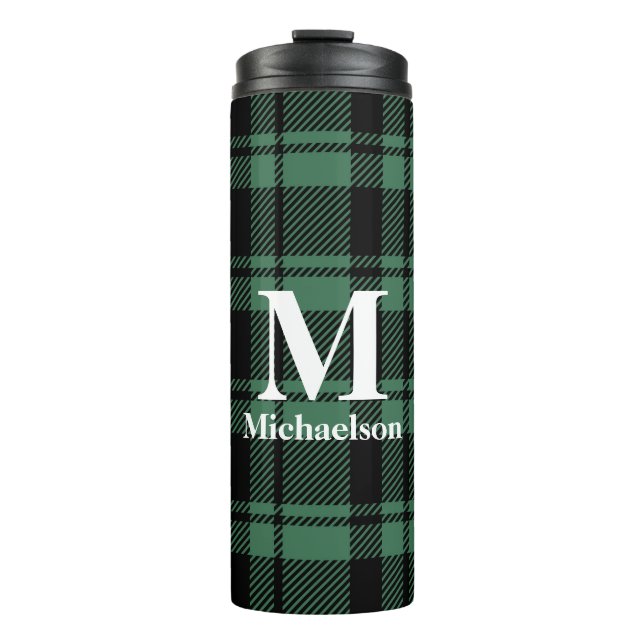 Green and Black Plaid with Monogram Name  Thermal Tumbler (Front)