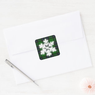 Green and Black Plaid with snow flake detail Square Sticker