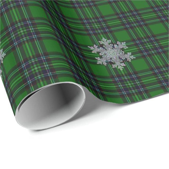 Green and Black Plaid with snow flake detail Wrapping Paper (Roll Corner)