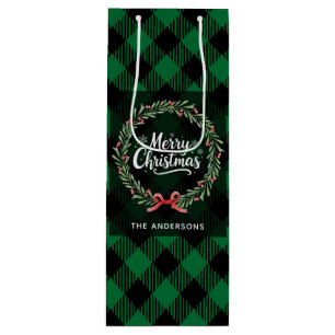 Green and Black Plaid Wreath Merry Christmas Wine Gift Bag