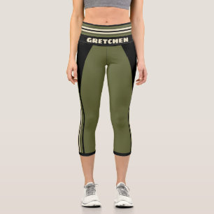 Green and Black Racing Stripe Name Template Capri Leggings