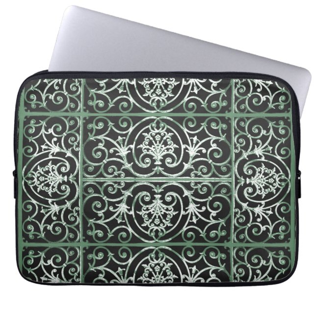Green and black scrollwork pattern laptop sleeve (Front)