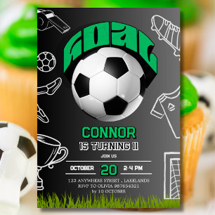 Green and Black Soccer Ball Birthday Party Invitation