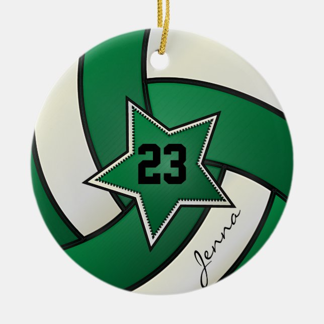 Green and Black Star Volleyball Ceramic Tree Decoration (Front)