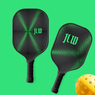 Green and Black Striped Abstract with Initial Pickleball Paddle