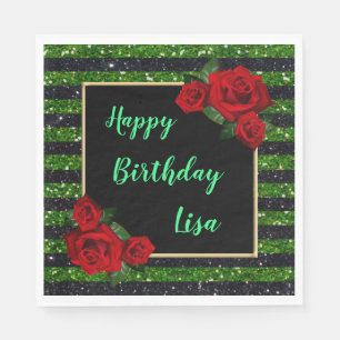 Green And Black Stripes Glitter Red Roses Birthday Napkin