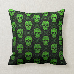 Green and Black Sugar Skull Pattern Cushion