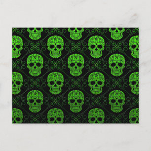 Green and Black Sugar Skull Pattern Postcard