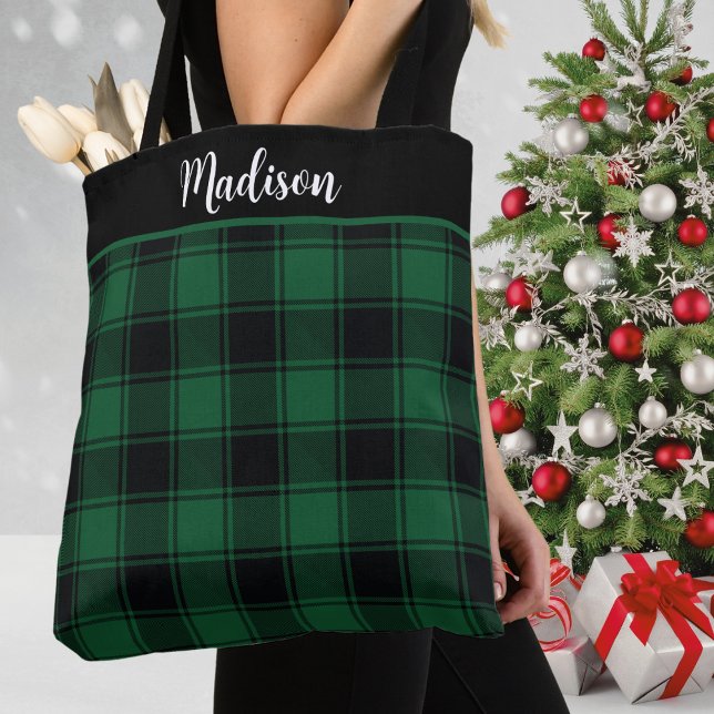 Green and Black Tartan Plaid Custom Tote Bag (Green and Black Tartan Plaid Custom Tote Bag for the Christmas Holiday Season - just add your name!)