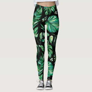 Green and Black Tropical Monstera Leaf Leggings