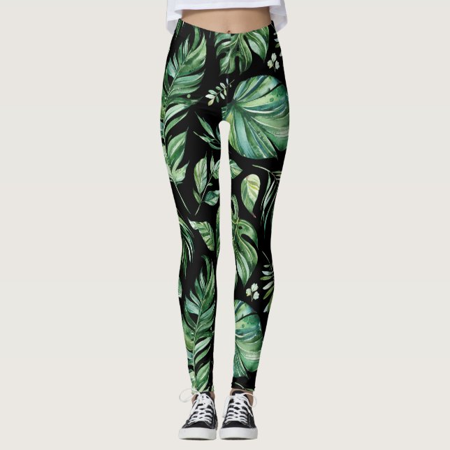 Green and Black Tropical Monstera Leaf Leggings (Front)