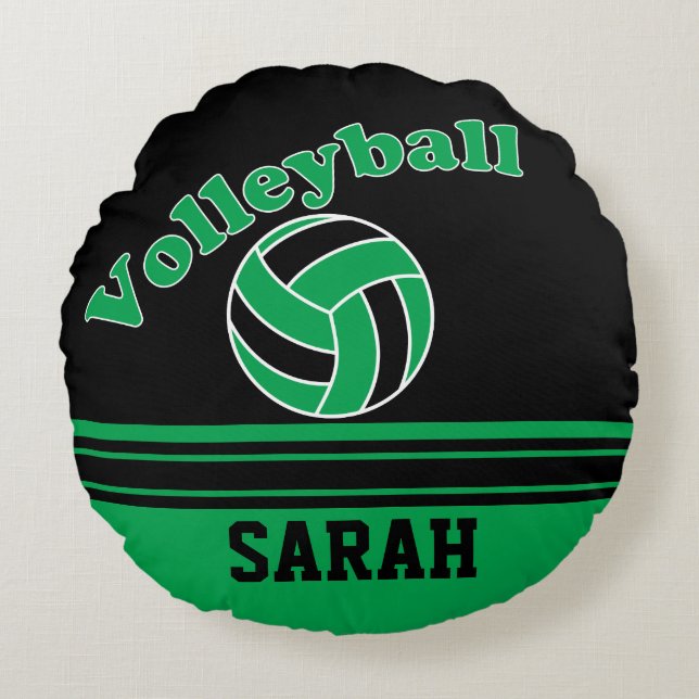 Green and Black Volleyball | Personalise Round Cushion (Front)